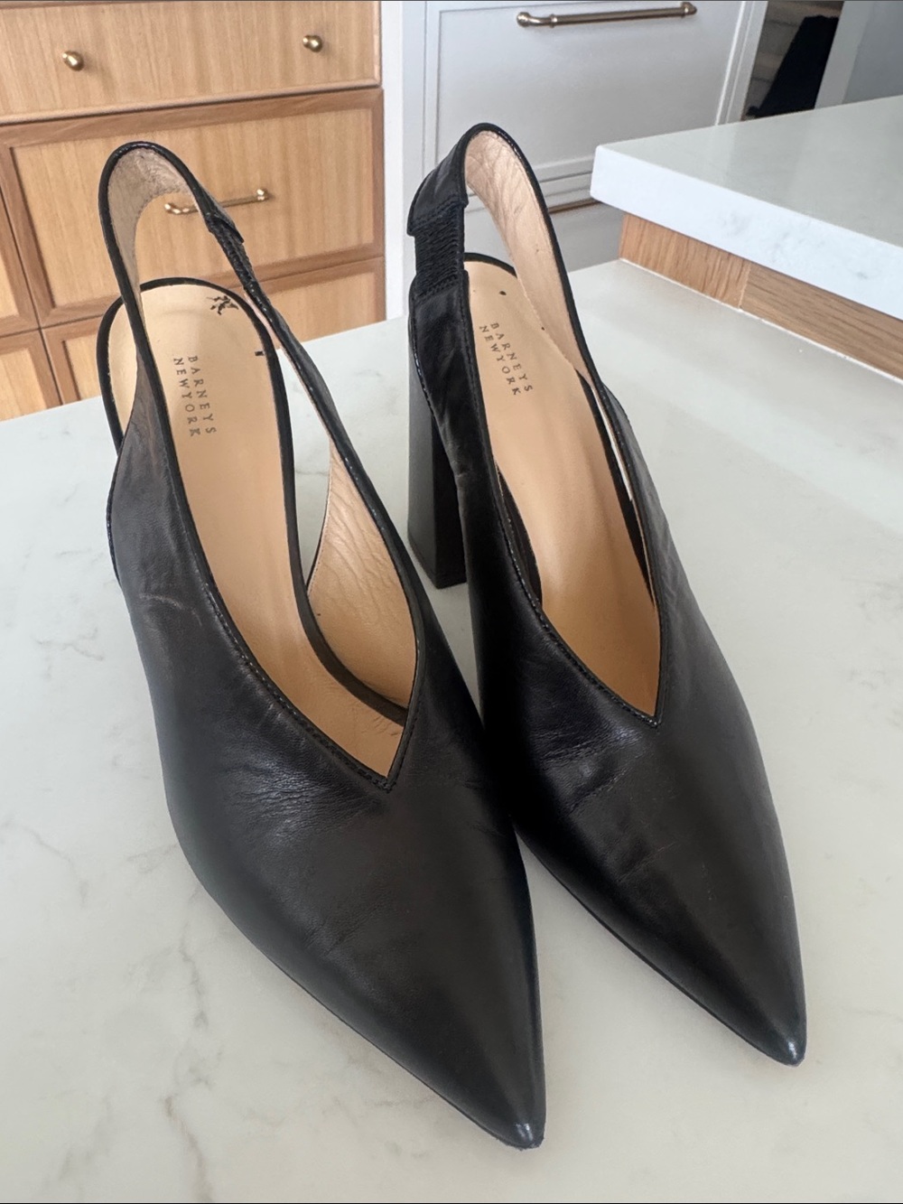 Barneys New York Black Leather Pointed Toe Slingback Heels